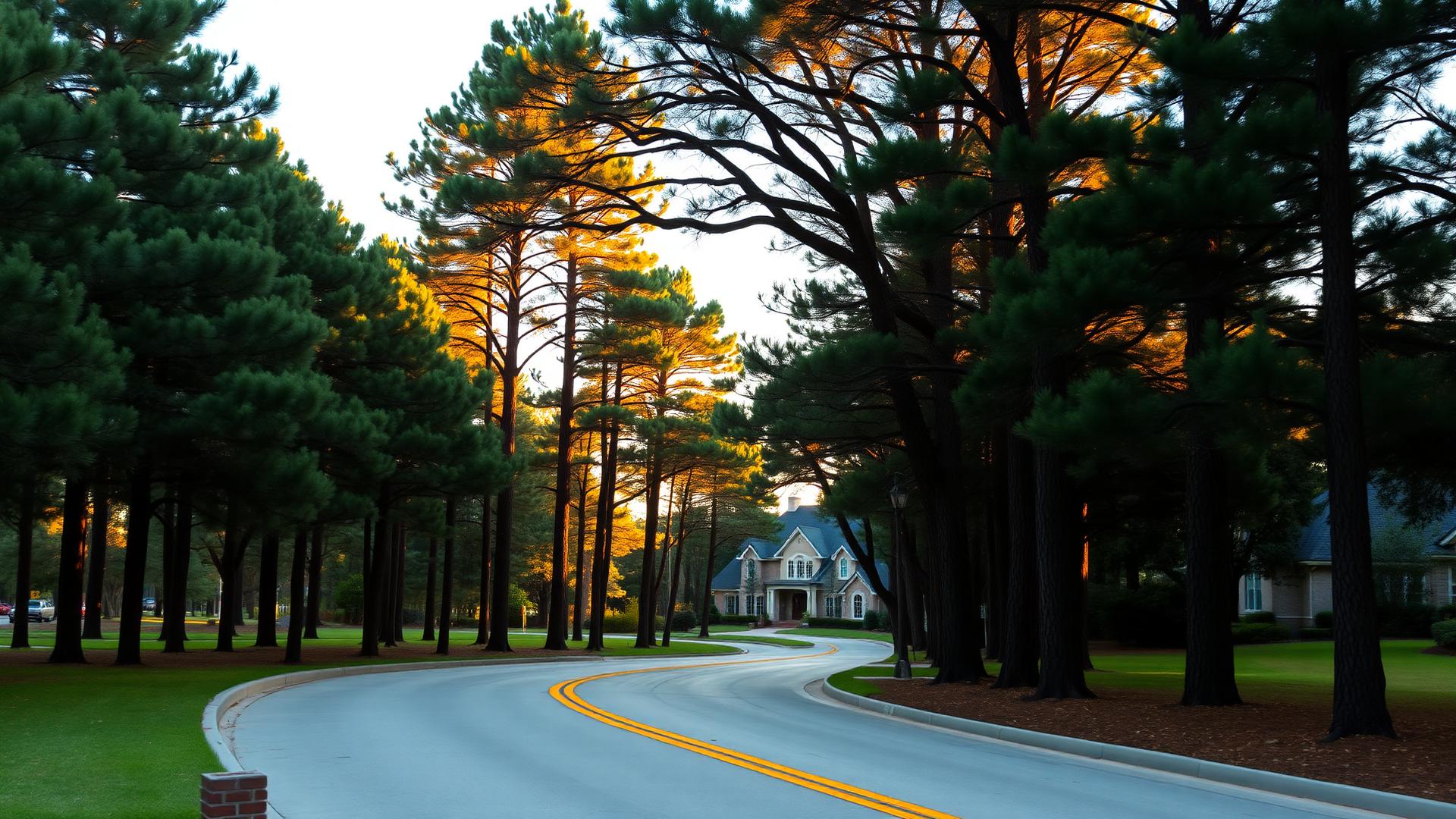 Pine-lined street in The Woodlands, Texas at golden hour