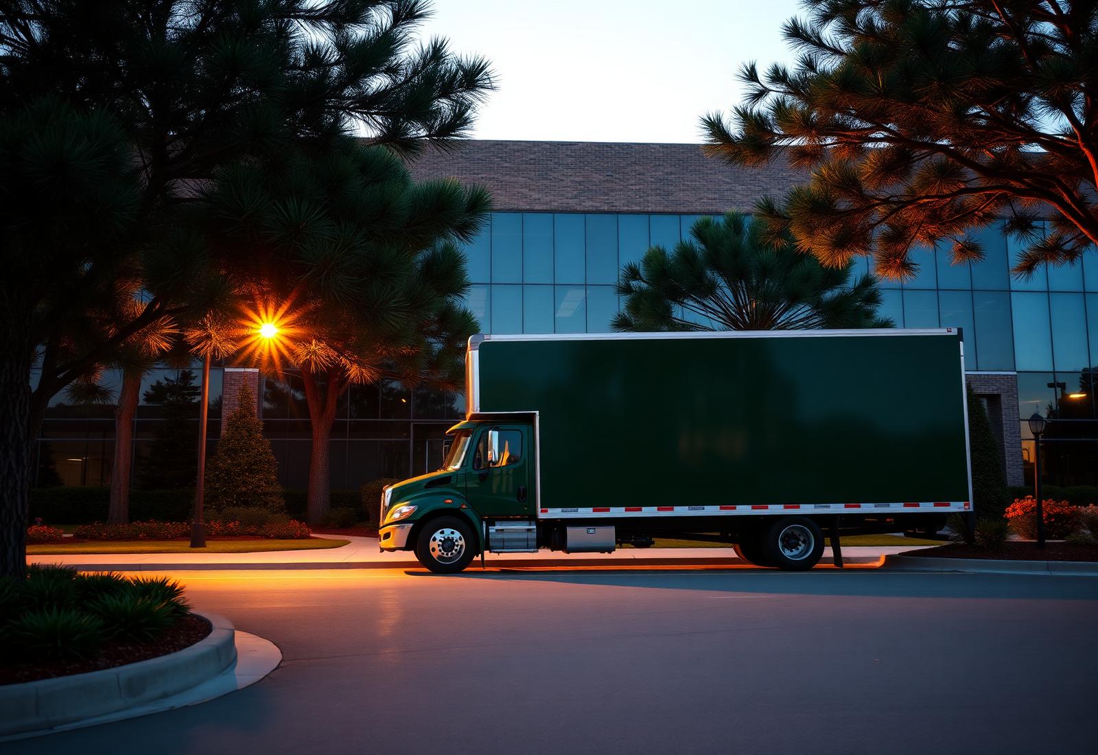 Deep forest-green moving truck outside a corporate office building at dusk